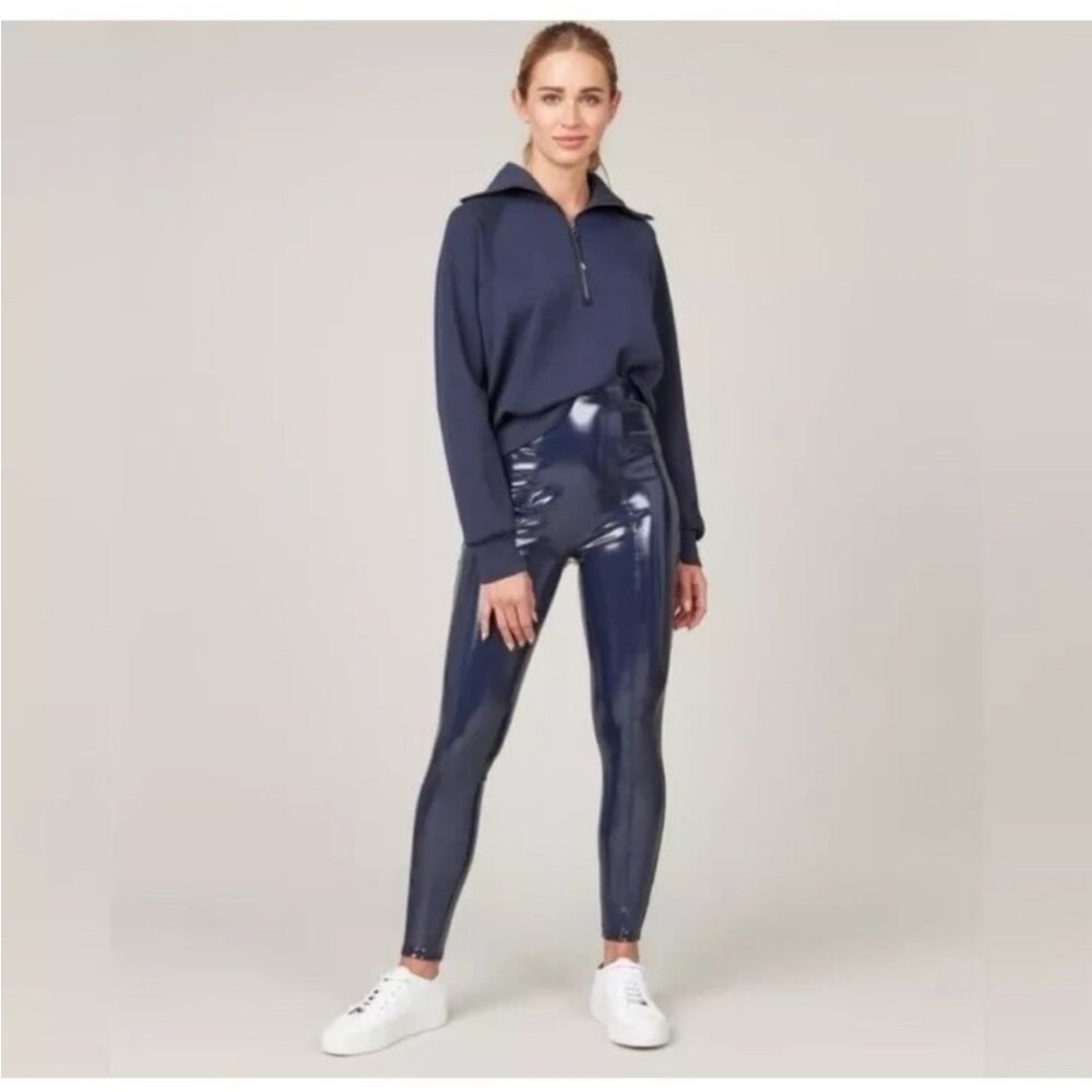 Spanx Faux Patent Leather Leggings Shiny High-Rise Stretchy Fit Navy